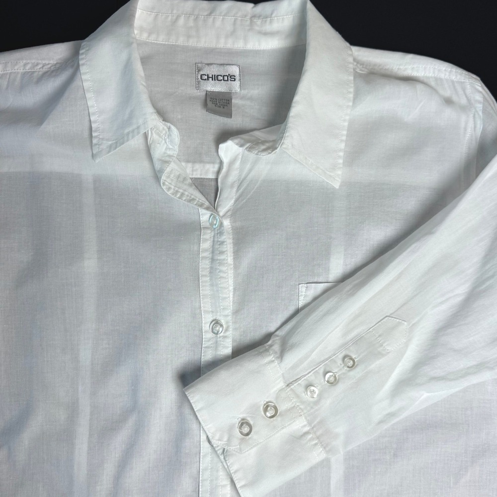 Chico's Womens White 100% Cotton Button Down Shirt Long Sleeve Size 2 Large